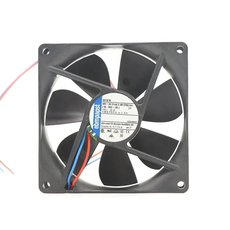 ebmpapst 3418N 48V DC 92 x 92 x 25 mm 9225 9cm 2.4W 2700RPM 82m3/h 33dBA Drive Module Lithium Battery Fan ebmpapst 3418N 48V DC 92 x 92 x 25 mm 9225 9cm 2.4W 2700RPM 82m3/h 33dBA Drive Module Lithium Battery Fan