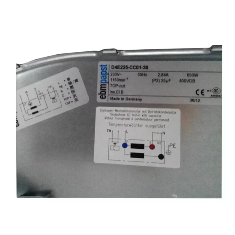 ebmpapst D4E225-CC01-30 2.84A 230V AC 650W 1150RPM Motor Centrifugal Fan ebmpapst D4E225-CC01-30 2.84A 230V AC 650W 1150RPM Motor Centrifugal Fan