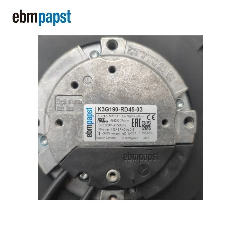 ebmpapst K3G190-RD45-03 230V AC 169W 4120RPM R3G190-8317082558 EC Centrifugal Fans K3G190-RC05-03 ebmpapst K3G190-RD45-03 230V AC 169W 4120RPM R3G190-8317082558 EC Centrifugal Fans K3G190-RC05-03