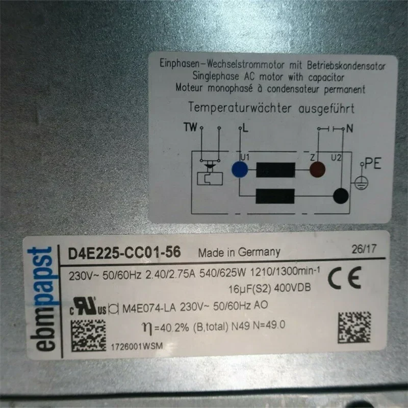 ebmpapst D4E225-CC01-56 230V AC 2.4/2.75A 540/625W 1210/1300RPM ABB Ventilation Centrifugal Fan ebmpapst D4E225-CC01-56 230V AC 2.4/2.75A 540/625W 1210/1300RPM ABB Ventilation Centrifugal Fan