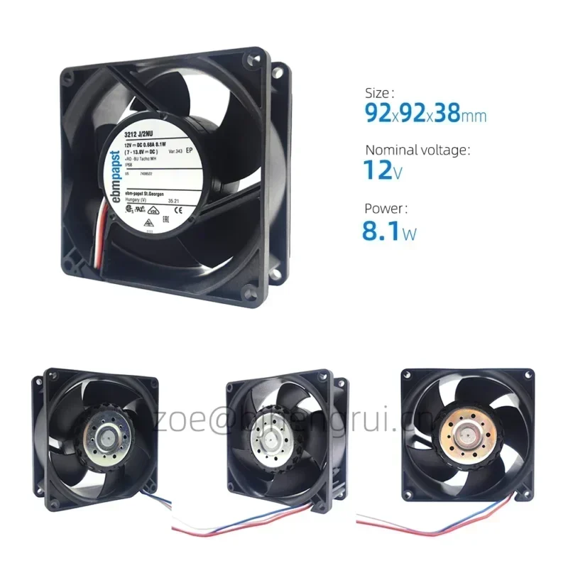ebmpapst 3212J 92x38mm 12V DC 8.1W 6A 76.5CFM 6000RPM Speed Signal Axial Fan 3212J/2NU-343 ebmpapst 3212J 92x38mm 12V DC 8.1W 6A 76.5CFM 6000RPM Speed Signal Axial Fan 3212J/2NU-343