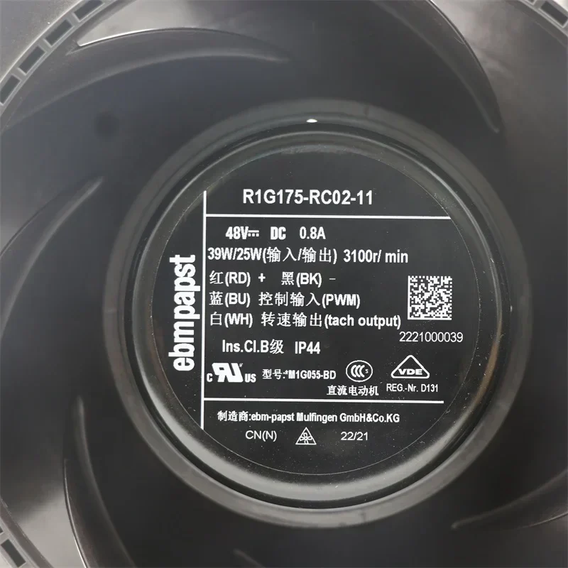 ebmpapst R1G175-RC02-11 175mm 48V DC 39W 0.8A 3100RPM Blower Heat Exchanger Communication Base Station Centrifugal Fan ebmpapst R1G175-RC02-11 175mm 48V DC 39W 0.8A 3100RPM Blower Heat Exchanger Communication Base Station Centrifugal Fan
