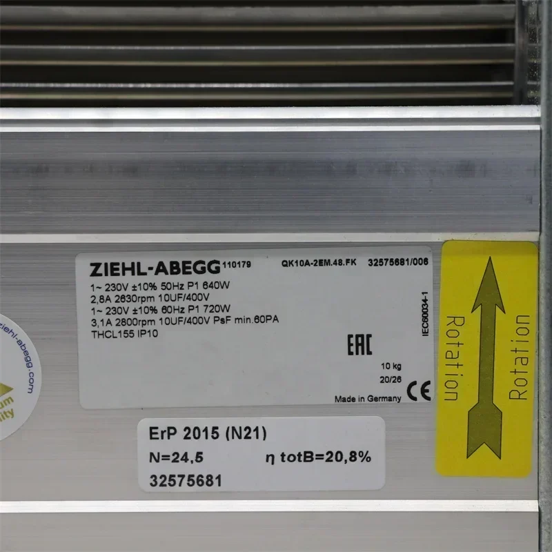 Ziehl-abegg 230V AC 2.8A 640W 2630RPM General Industry Tangential (Cross Flow) Fan 480mm QK10A-2EM.48.FK Ziehl-abegg 230V AC 2.8A 640W 2630RPM General Industry Tangential (Cross Flow) Fan 480mm QK10A-2EM.48.FK