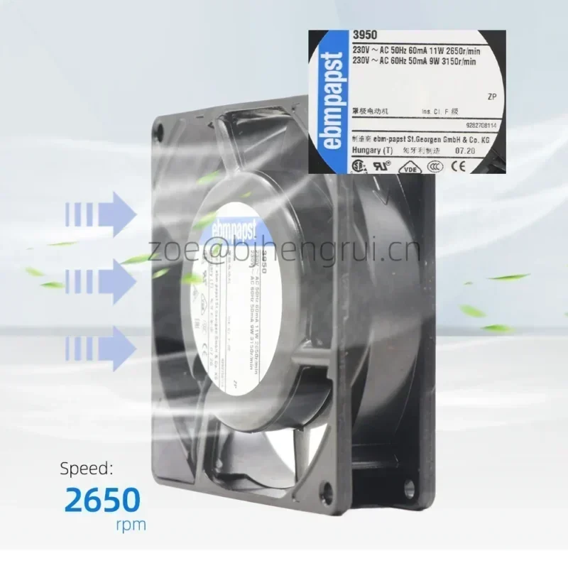 ebmpapst 9cm 3950 230V AC 92x92x25mm11W 48mA 59m3/h 2650rpm Server Axial Fan ebmpapst 9cm 3950 230V AC 92x92x25mm11W 48mA 59m3/h 2650rpm Server Axial Fan