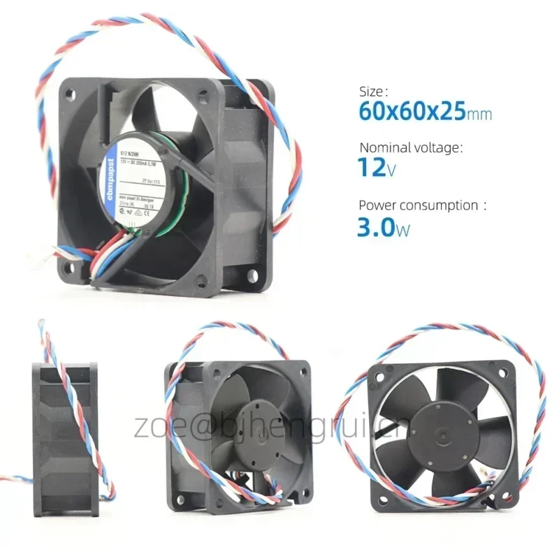 ebmpapst 612N/2HH 612N-2HH 12V DC 6025 60x60x25mm 2.9W 6800RPM 33CFM 41dB 6cm s Small Axial Fan ebmpapst 612N/2HH 612N-2HH 12V DC 6025 60x60x25mm 2.9W 6800RPM 33CFM 41dB 6cm s Small Axial Fan