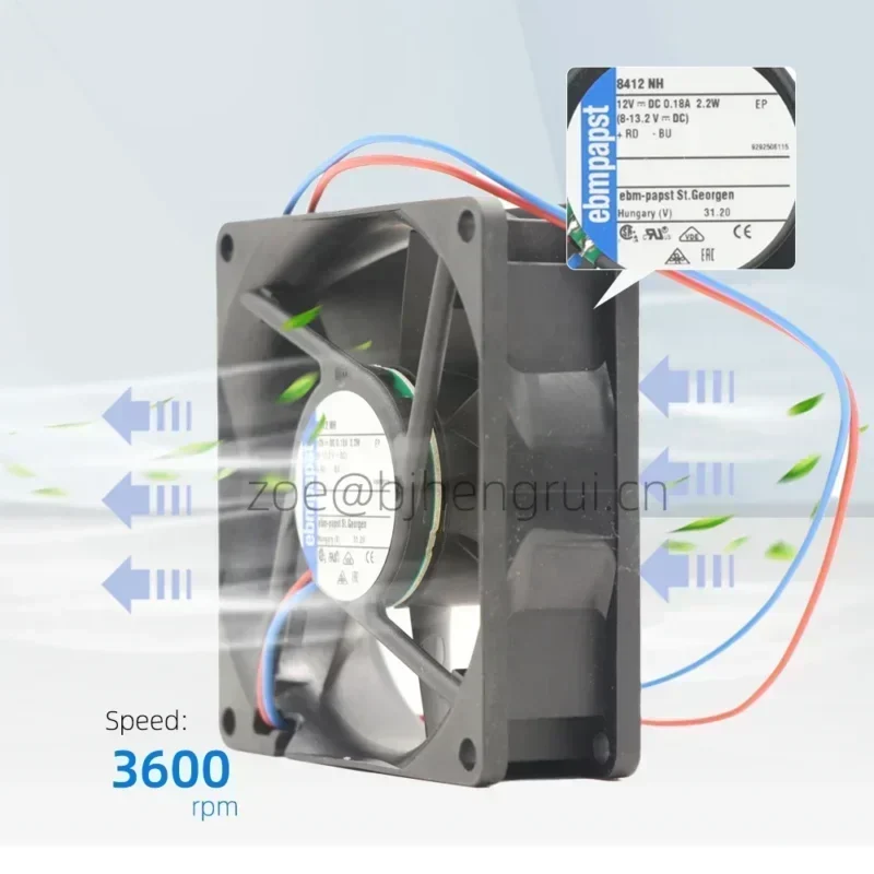 ebmpapst 8412NH 12V DC 46.5CFM 2.2W 37dBA 80x80x25mm 8025 8cm Axial Fan ebmpapst 8412NH 12V DC 46.5CFM 2.2W 37dBA 80x80x25mm 8025 8cm Axial Fan