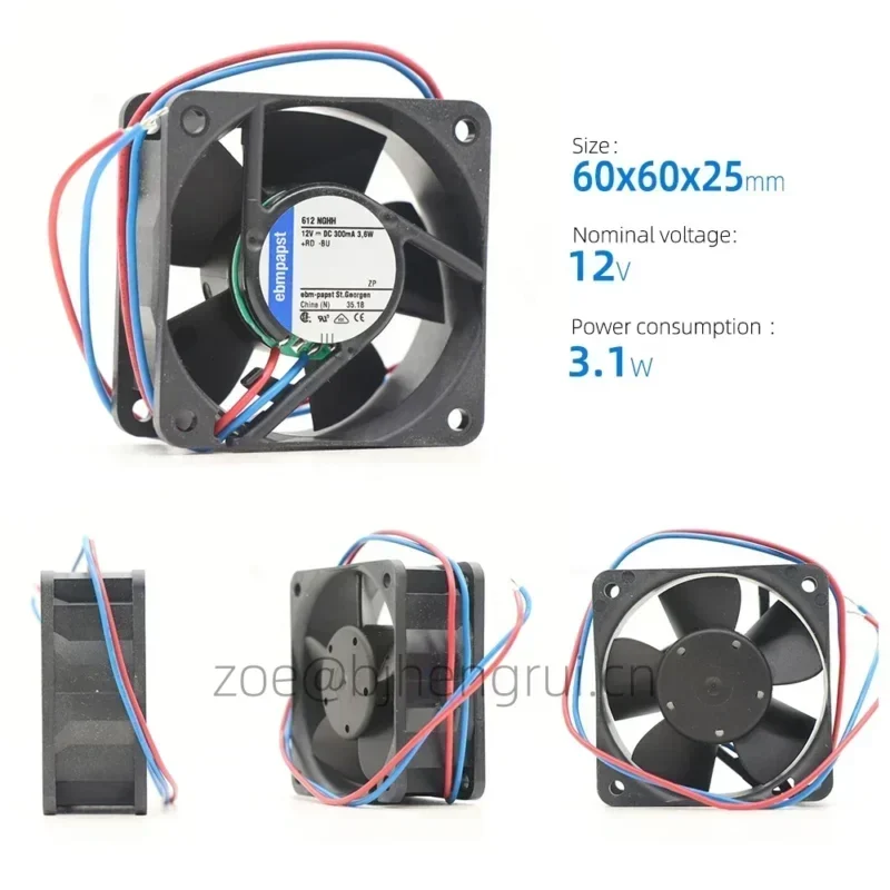 ebmpapst 612NGHH 12V 6CM 6025 60 x 60 x 25mm 56m3/h 6850rpm 3.8W 0.15A Small Axial Fan ebmpapst 612NGHH 12V 6CM 6025 60 x 60 x 25mm 56m3/h 6850rpm 3.8W 0.15A Small Axial Fan
