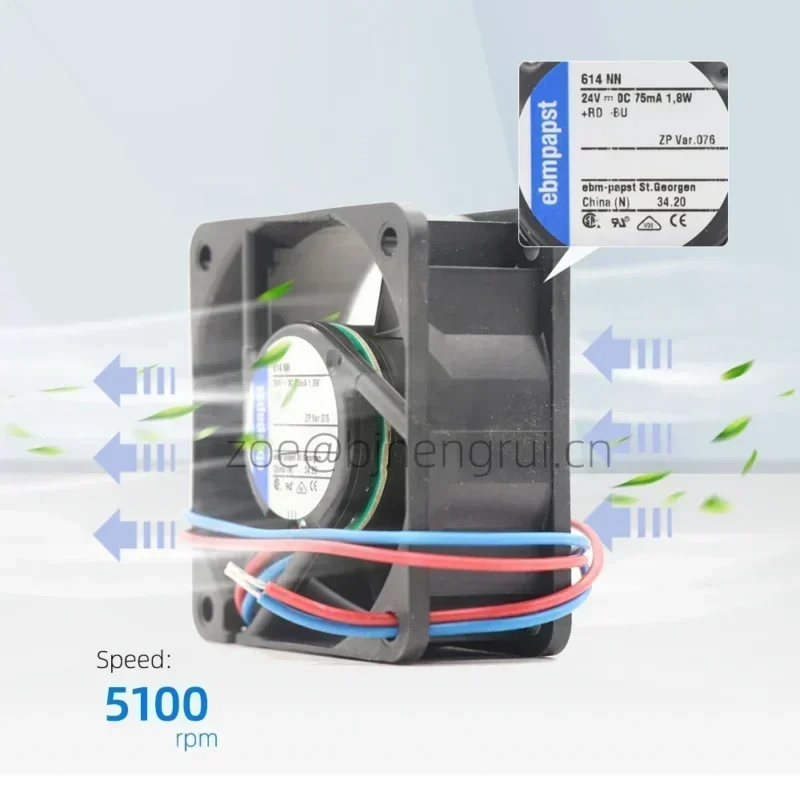 ebmpapst 614NN 60x60x25mm 6cm 24V DC 1.8W 42m3/h 5100RPM 75mA 6cm Drive Module Small Axial Fan ebmpapst 614NN 60x60x25mm 6cm 24V DC 1.8W 42m3/h 5100RPM 75mA 6cm Drive Module Small Axial Fan