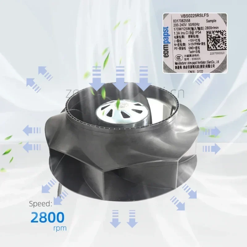 ebmpapst VBS0225RSLFS-8317082558 225x225x99mm 230V 170W 2800RPM 723m³/h 1.3A Centrifugal Fan ebmpapst VBS0225RSLFS-8317082558 225x225x99mm 230V 170W 2800RPM 723m³/h 1.3A Centrifugal Fan