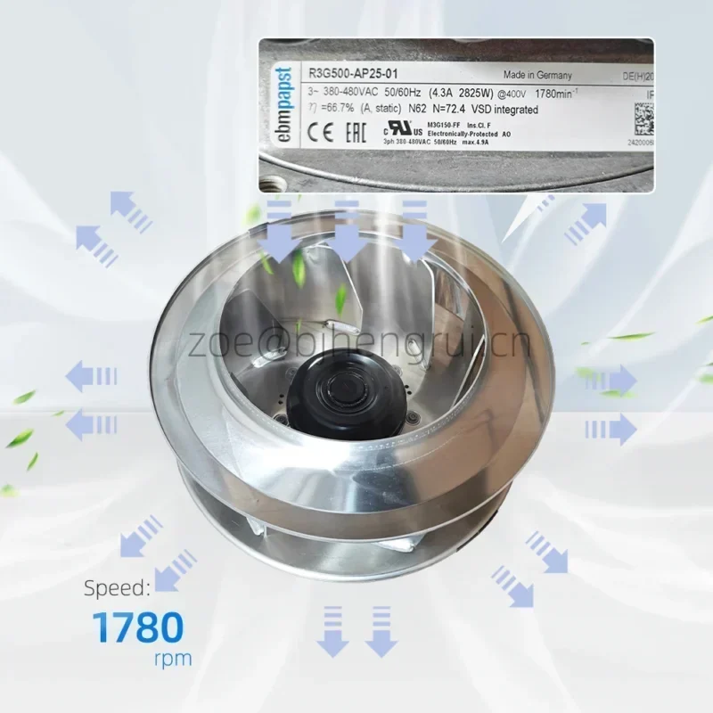 ebmpapst R3G500-AP25-01 2825W 400V AC 566x566x305mm 1780RPM Air Purifier EC Radical Centrifugal Fan ebmpapst R3G500-AP25-01 2825W 400V AC 566x566x305mm 1780RPM Air Purifier EC Radical Centrifugal Fan