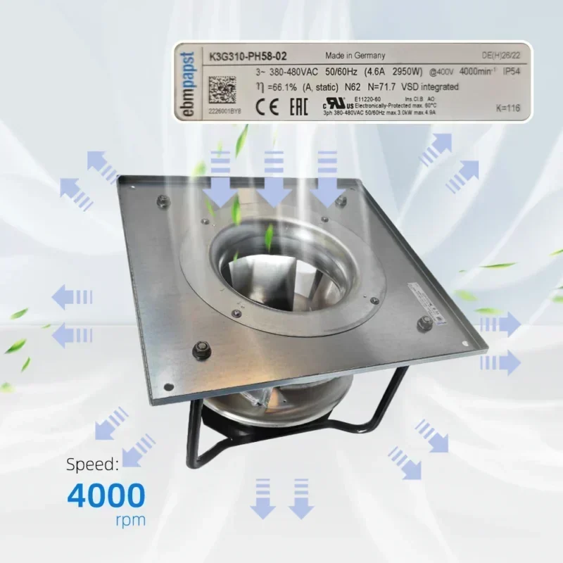 ebmpapst K3G310-PH58-02 M3G112-GA 400VAC 310mm 4.6A 4000RPM 2950W IP54 Converter Centrifugal Fan ebmpapst K3G310-PH58-02 M3G112-GA 400VAC 310mm 4.6A 4000RPM 2950W IP54 Converter Centrifugal Fan