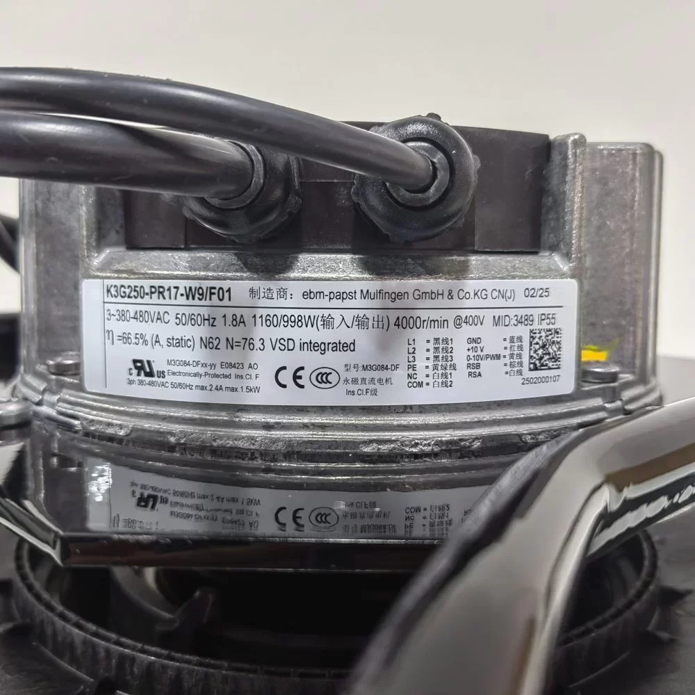 ebmpapst K3G250-PR17-W9/F01 250mm AC Centrifugal Industrial Fan 400V 1160W 4000RPM 2550m³/h Ball Free Standing ebmpapst K3G250-PR17-W9/F01 250mm AC Centrifugal Industrial Fan 400V 1160W 4000RPM 2550m³/h Ball Free Standing
