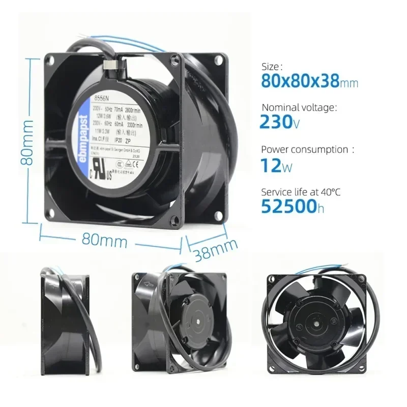 ebmpapst 8556N 230V AC 80x80x38mm 8038 8cm 12W 29.4CFM 2800RPM IP20 All Metal Chassis Control Axial Fan ebmpapst 8556N 230V AC 80x80x38mm 8038 8cm 12W 29.4CFM 2800RPM IP20 All Metal Chassis Control Axial Fan