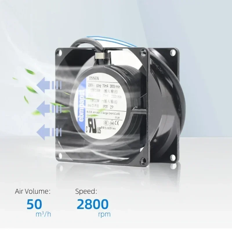 ebmpapst 8556N 230V AC 80x80x38mm 8038 8cm 12W 29.4CFM 2800RPM IP20 All Metal Chassis Control Axial Fan ebmpapst 8556N 230V AC 80x80x38mm 8038 8cm 12W 29.4CFM 2800RPM IP20 All Metal Chassis Control Axial Fan