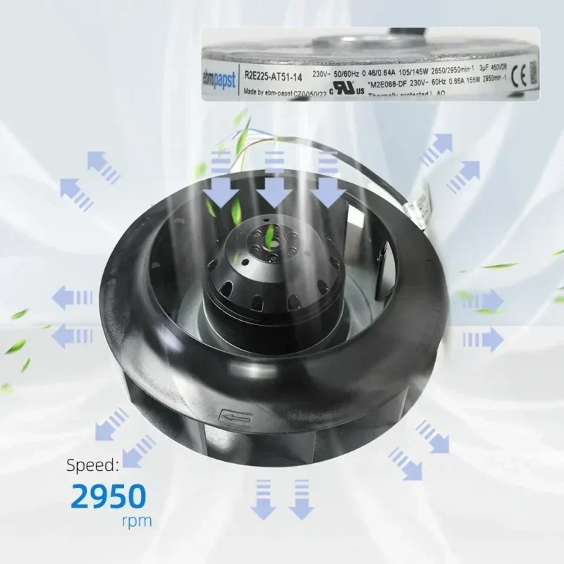 Ebmpapst R2E225-AT51-14 230V AC 2650RPM 225mm 105W 0.46A 1320 M3/h Backward Tilting Siemens Centrifugal Fan Ebmpapst R2E225-AT51-14 230V AC 2650RPM 225mm 105W 0.46A 1320 M3/h Backward Tilting Siemens Centrifugal Fan