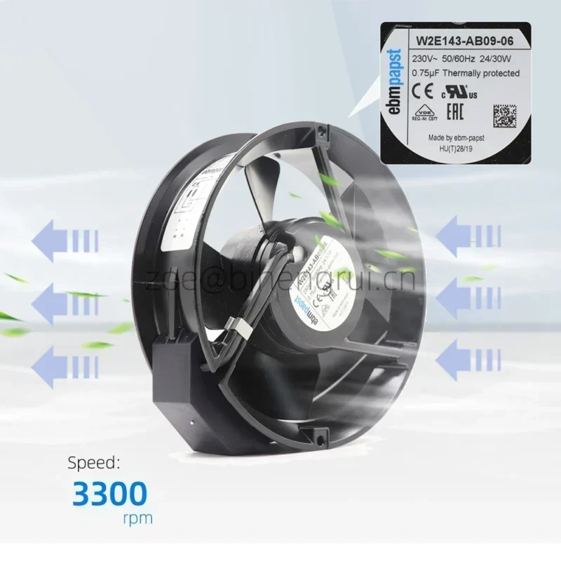 Ebmpapst W2E143-AB09-06 230V AC 24W 30W 172x172x51mm 294CFM 3300RPM Resistant Fan Ebmpapst W2E143-AB09-06 230V AC 24W 30W 172x172x51mm 294CFM 3300RPM Resistant Fan