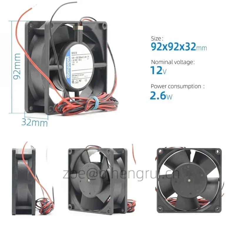 Ebmpapst 3312U 3312 92x92x32mm 12V 9cm 2.8W 0.235A 3000RPM 78m3/h IP68 Waterproof Axial Fan Ebmpapst 3312U 3312 92x92x32mm 12V 9cm 2.8W 0.235A 3000RPM 78m3/h IP68 Waterproof Axial Fan