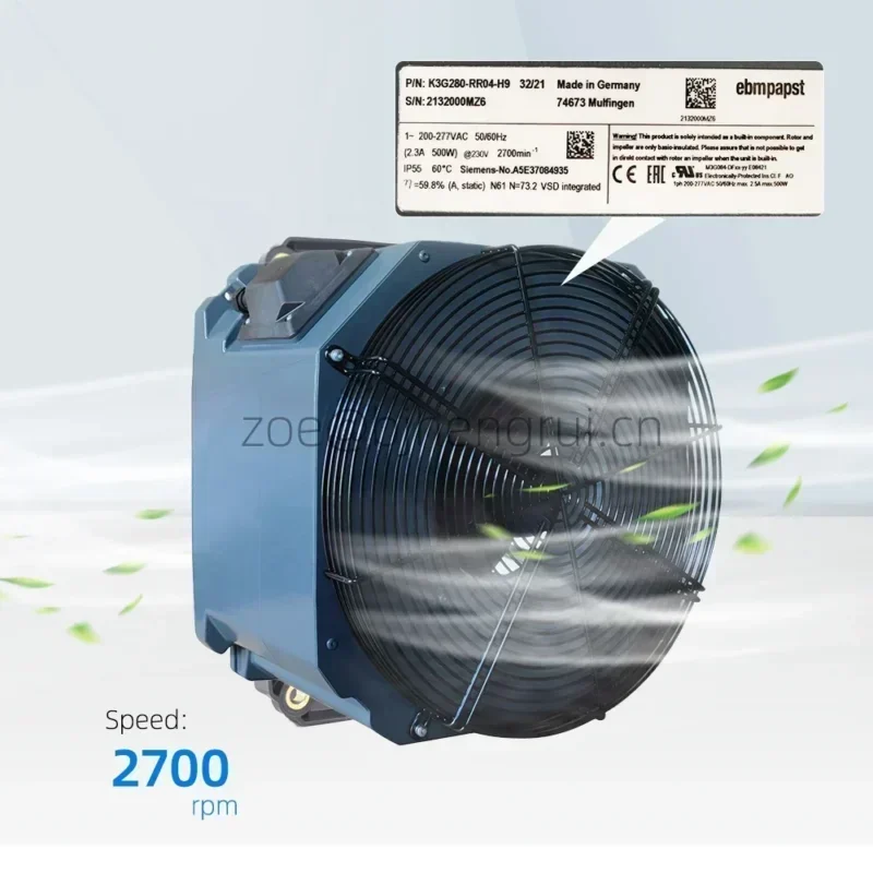 Ebmpapst K3G280-RR04-H9 280mm 230V AC 520W 2.3A 2700RPM IP55 Siemens EC Centrifugal Radiator Fan Ebmpapst K3G280-RR04-H9 280mm 230V AC 520W 2.3A 2700RPM IP55 Siemens EC Centrifugal Radiator Fan