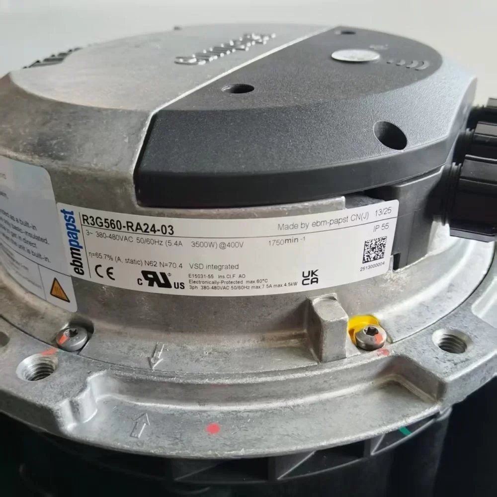 ebmpapst K3G560-RA24-03 EC Centrifugal Fan 400V 5.4A 3500W 1750RPM 9905m³/h Plastic Fan High Efficient Energy Fan IP55 ebmpapst K3G560-RA24-03 EC Centrifugal Fan 400V 5.4A 3500W 1750RPM 9905m³/h Plastic Fan High Efficient Energy Fan IP55