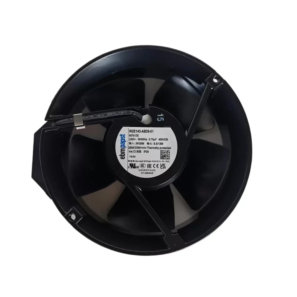 ebmpapst W2E143-AB09-01 AC Axial Fan 230V 2800RPM 24W 420m³/h Stainless Steel Blades with Electric ebmpapst W2E143-AB09-01 AC Axial Fan 230V 2800RPM 24W 420m³/h Stainless Steel Blades with Electric