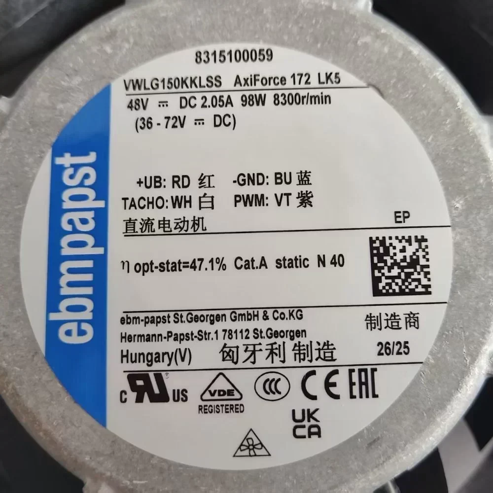 ebmpapst AF172-00059 150MM DC Axial Fan VWLG150KKLSS 8315100059 Ventilation Fan 48V 98W 8300RPM ebmpapst AF172-00059 150MM DC Axial Fan VWLG150KKLSS 8315100059 Ventilation Fan 48V 98W 8300RPM