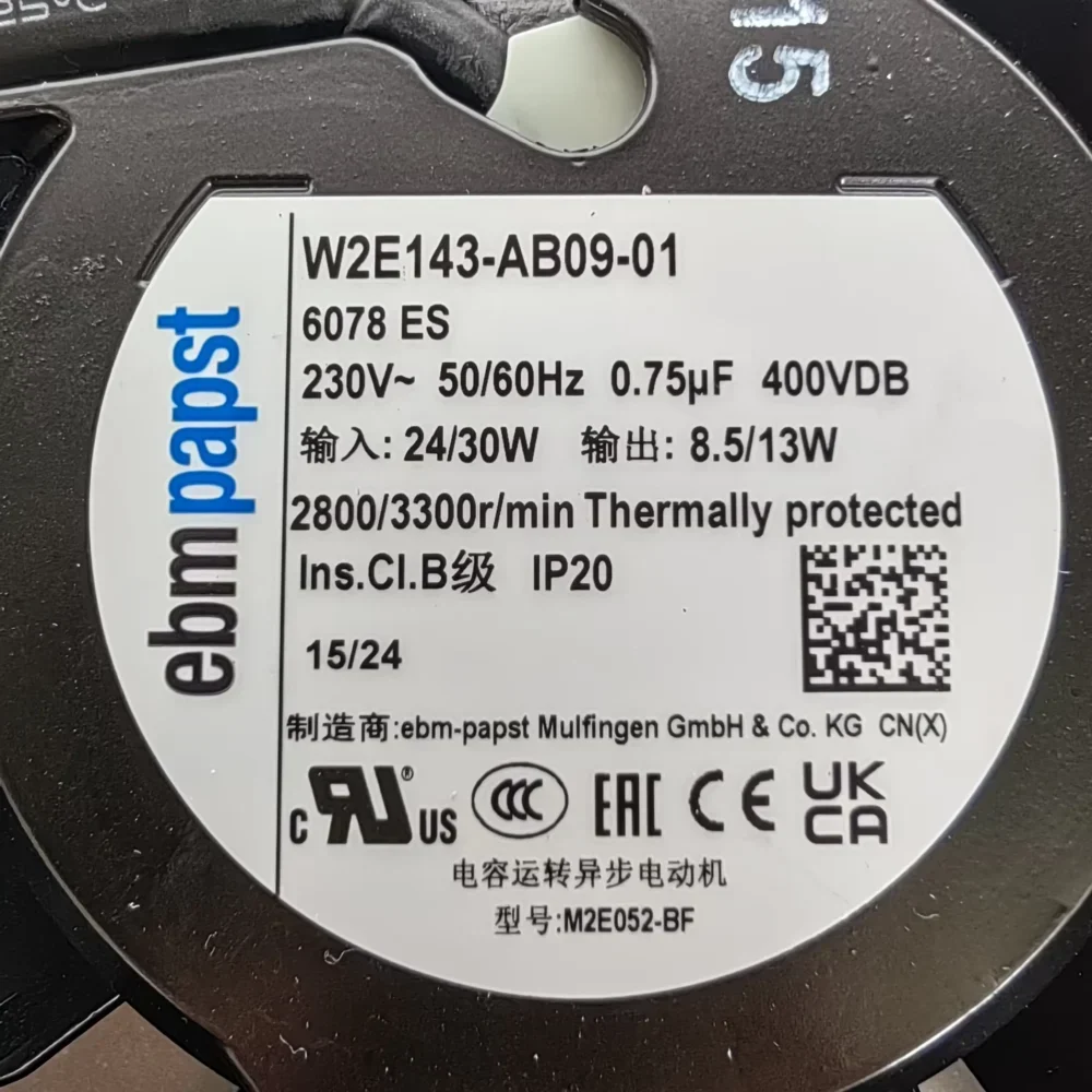 ebmpapst W2E143-AB09-01 AC Axial Fan 230V 2800RPM 24W 420m³/h Stainless Steel Blades with Electric