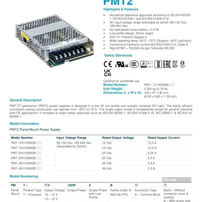 Delta PMT-24V150W2BA Panel Mount AC-DC Switching Mode Power Supply 150W Rated Output Voltage 24V Input Voltage 100-240V Output Delta PMT-24V150W2BA Panel Mount AC-DC Switching Mode Power Supply 150W Rated Output Voltage 24V Input Voltage 100-240V Output