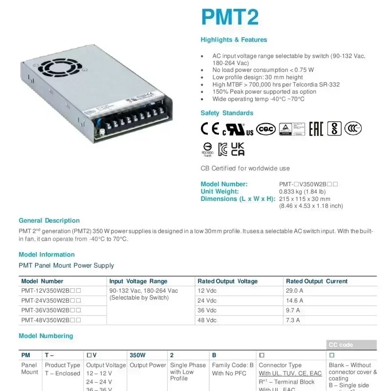 Delta PMT-24V350W2BR Panel Mount Switching Mode Power Supply 350W Rated Output Voltage 24V Delta PMT-24V350W2BR Panel Mount Switching Mode Power Supply 350W Rated Output Voltage 24V