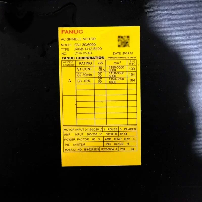 FANUC Spindle Motor A06B-1412-B100 AC SPNDL MDL Ai 30/6000 Fanuc AC Motor FANUC Spindle Motor A06B-1412-B100 AC SPNDL MDL Ai 30/6000 Fanuc AC Motor