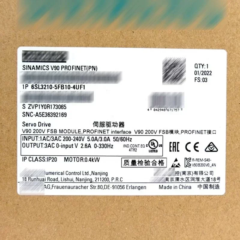 SINAMICS V90 PROFINET(PN) 6SL3210-5FB10-4UF1 Servo Drive Module 6SL3 210-5FB10-4UF1 SINAMICS V90 PROFINET(PN) 6SL3210-5FB10-4UF1 Servo Drive Module 6SL3 210-5FB10-4UF1