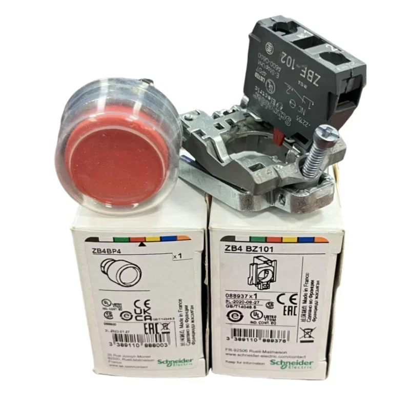 XB4BP42 Schneider Harmony 22mm Silver Metal Housing Pushbutton Switches Spring Return Red Clear Boot 10A Max. Current IP67 1NC