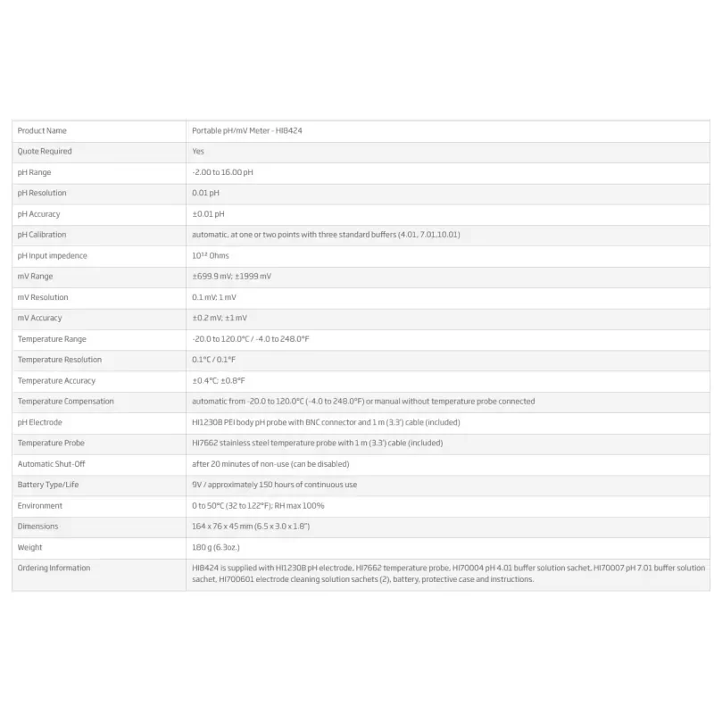 HANNA HI8424 Portable pH Redox mV Temperature Meter with Plastic Construction